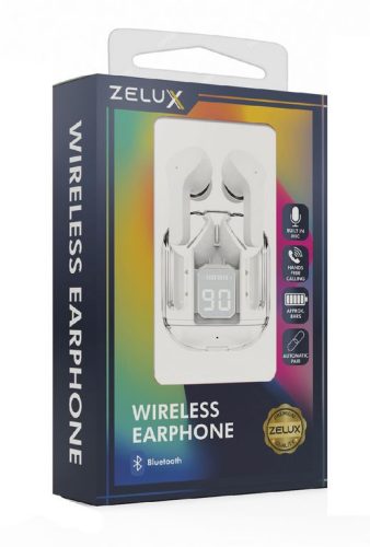 Zelux vezeték nélküli fülhallgató, Bluetooth 5.3, zajszűrés, kijelző, fehér