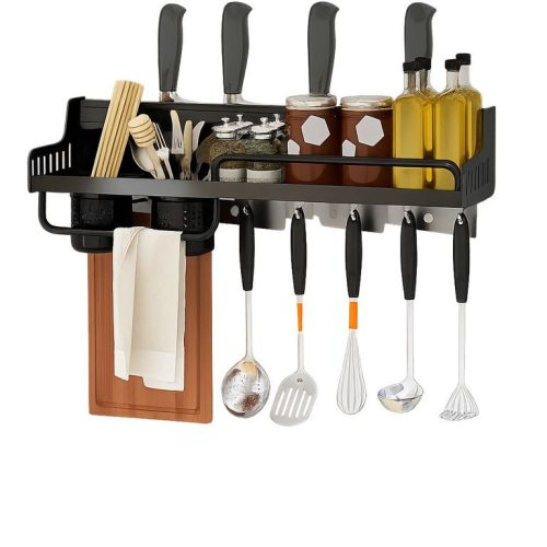 Fali konyhai tároló polc,  fekete fém, 10 akasztóval és tárolópoharakkal