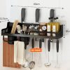 Fali konyhai tároló polc,  fekete fém, 10 akasztóval és tárolópoharakkal