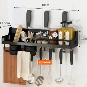   Fali konyhai tároló polc,  fekete fém, 10 akasztóval és tárolópoharakkal