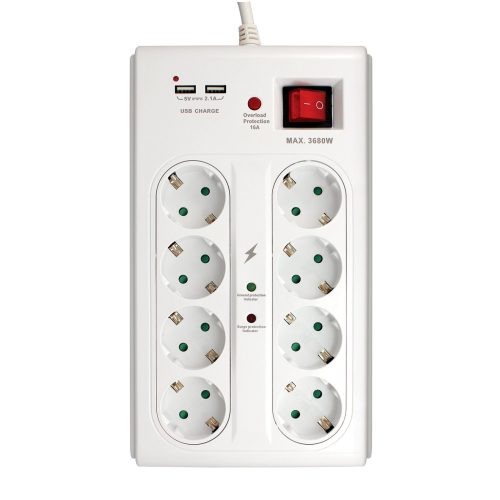 8-cestný rozvod s 2 x USB + prepäťová + nadprúdová ochrana 3 metre