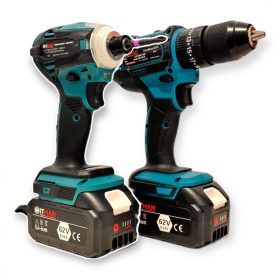   Akumulátorová súprava príklepovej vŕtačky a skrutkovača HITMAN s príslušenstvom + 2 ks 62V Li-ion batérie