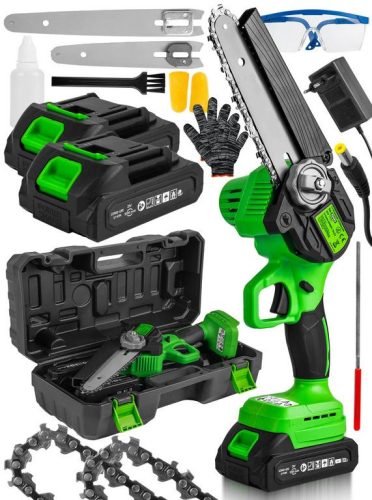 1000W akumulátorová mini reťazová píla s 6" a 8" vodiacou doskou, 2 batérie, automatický pohon reťaze