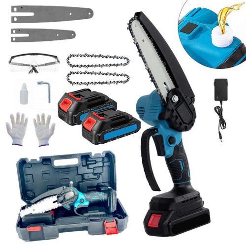 Akkus mini láncfűrész 6" és 8" vezetőlap, 2 akku, láncolajozás