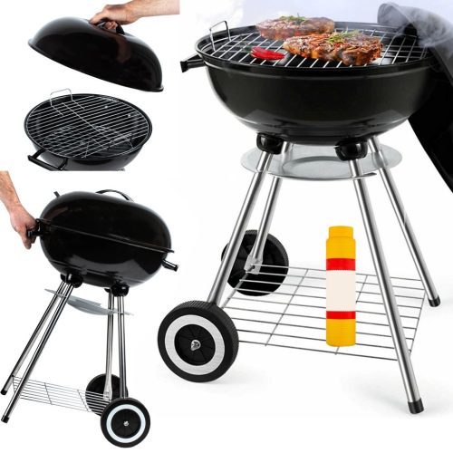 Záhradný gril na drevené uhlie Grill Master s vekom - mobilný, na kolieskach s extra úložným priestorom