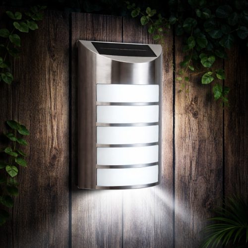 Napelemes kültéri fali nagyméretű LED lámpa hideg fénnyel újratölthető akku inox