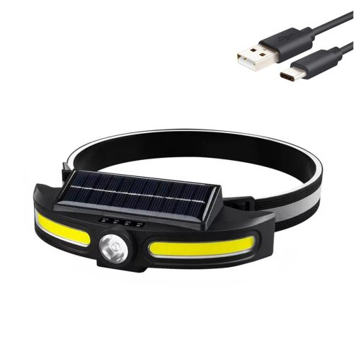 Napelemes fejlámpa COB LED és középső LED-del, 1200mAh akkumulátor, USB töltés