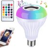 RGB LED izzó beépített Bluetooth hangszóróval és távirányítóval, E27 foglalat,