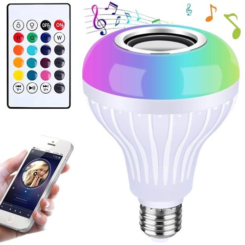 RGB LED izzó beépített Bluetooth hangszóróval és távirányítóval, E27 foglalat,