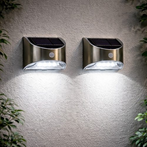2 db szolár lámpa mozgásérzékelővel, PIR, LED, IP44, kerti világítás, Ezüst