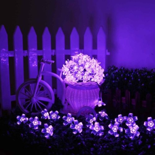 Solárny svetelný reťazec, 50 LED, dizajn čerešňového kvetu, fialová sakura, 5 m, vonkajší